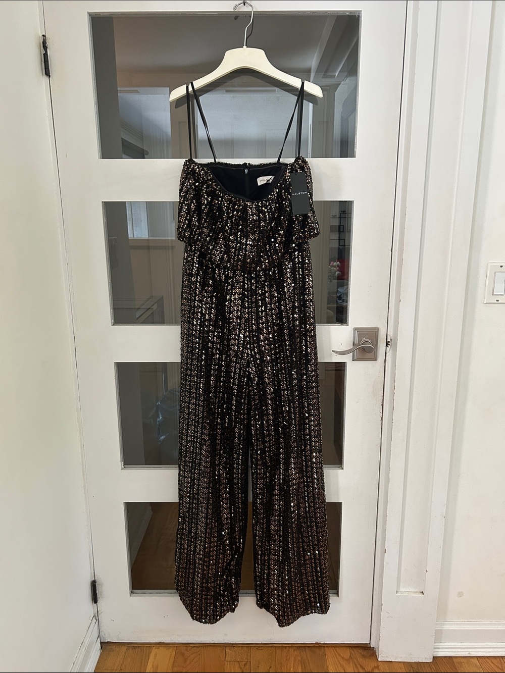 H by Halston Black Sequin Off-Shoulder Wide-Leg Jumpsuit